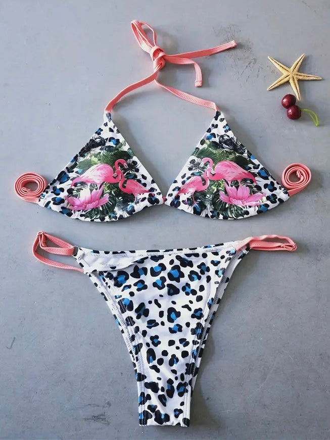 Bikini fenicottero rosa neon leopardato